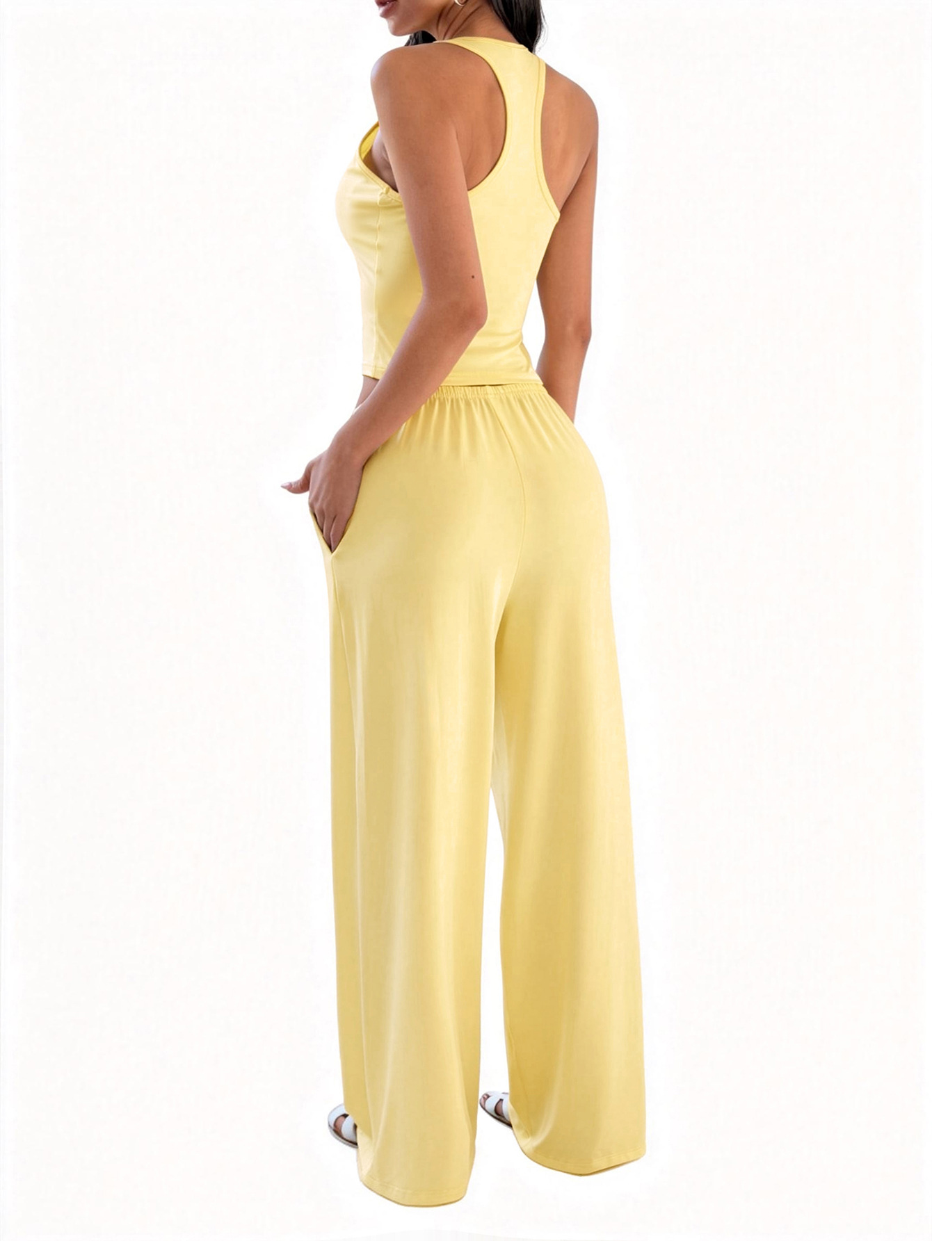 Casual Wide Leg Yoga Set Women Loungewear 2 Piece Loose Fit Sleeveless Racerback Tank Top Palazzo Pants Pockets Travel Outfit