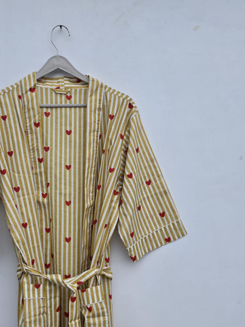Block Print Handmade 100% Cotton Romantic Spring/Summer V-neck Full Length Kimono Robe Soft Quick Dry Beach Loungewear Women One