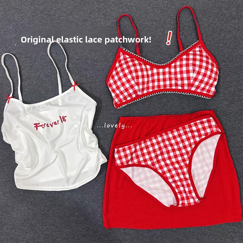 Womens 4-Piece Set Plaid Chiffon Bikini Stunning Low-Height Atmospheric Soft &amp; Alluring Resort Hot Spring Swimwear