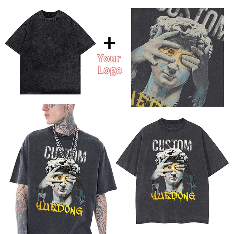 Wholesale Fashion Streetwear Custom Men's Dgt Puff Printing 100% Cotton T Shirt Plain Drop Shoulder T-Shirts Vintage Acid Washed Graphic Blank 300GSM Oversized
