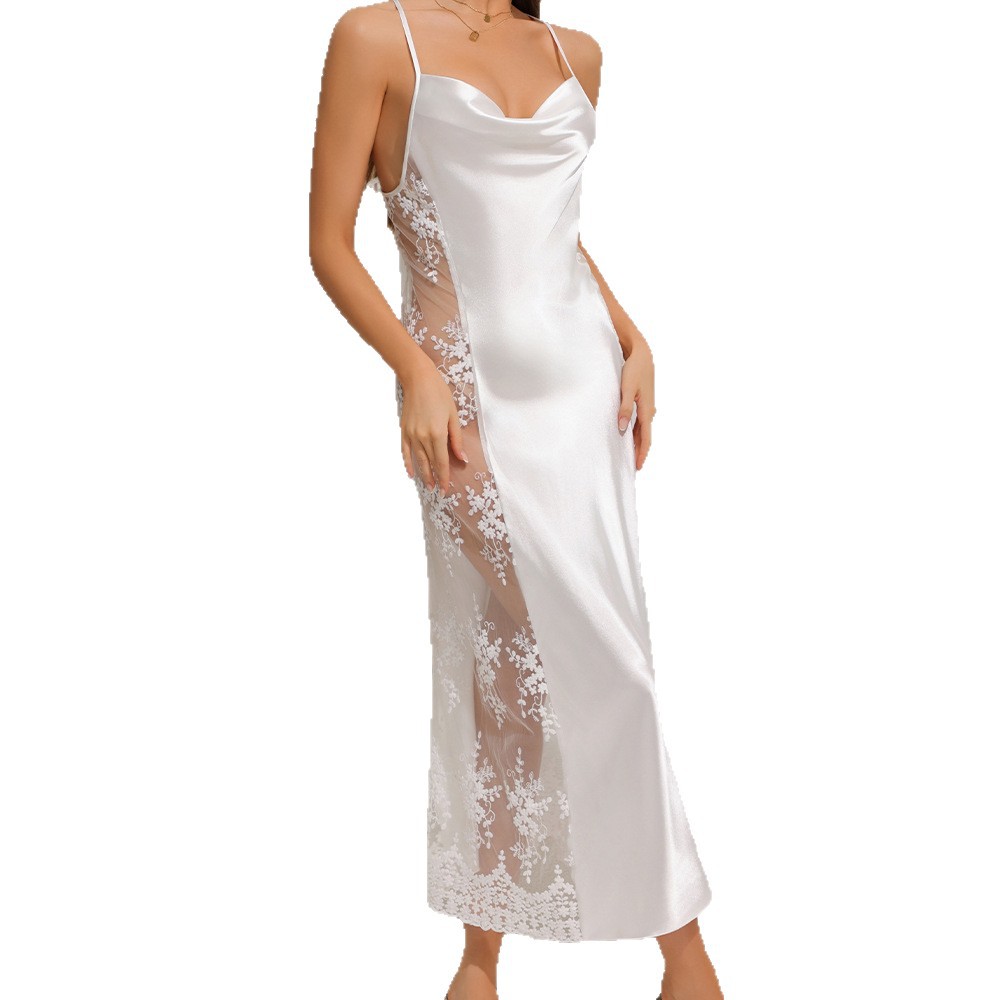 Shanhao Women's Night Dress Ladies's Sexy Lace Pajamas Summer Cool Silk Lounge Wear Sexy See-through Lace Nightgown for Women