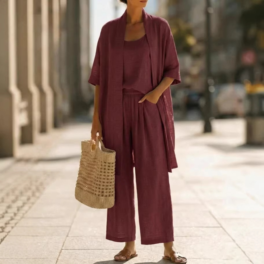 2026 Cross-Border Summer Three-Piece Set Europe America Strap-Style Cardigan Straight-Leg Pants Solid Color Casual Resort Wear