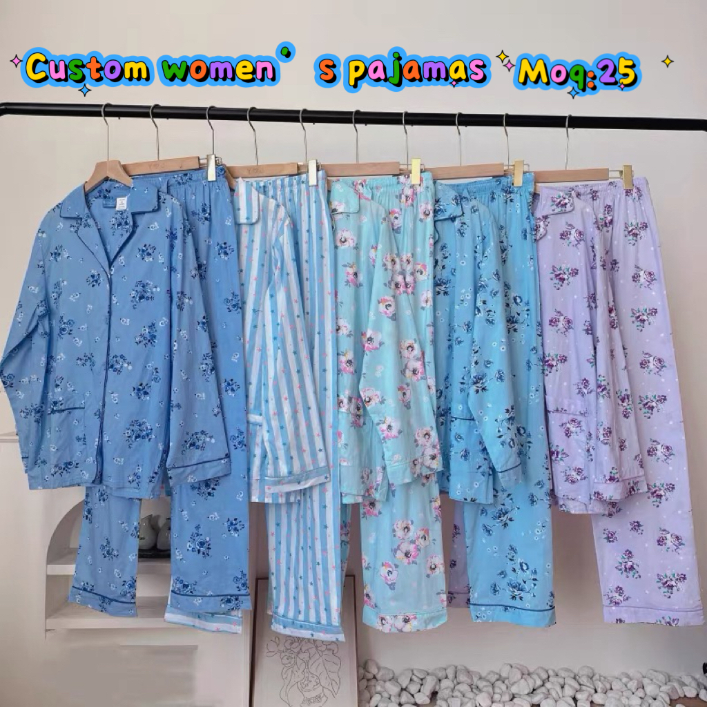 Wholesale Custom Casual Comfortable Women's Nightwear Set Print Long Sleeve PJs Women's Button-Down Pajama Set for Gifting