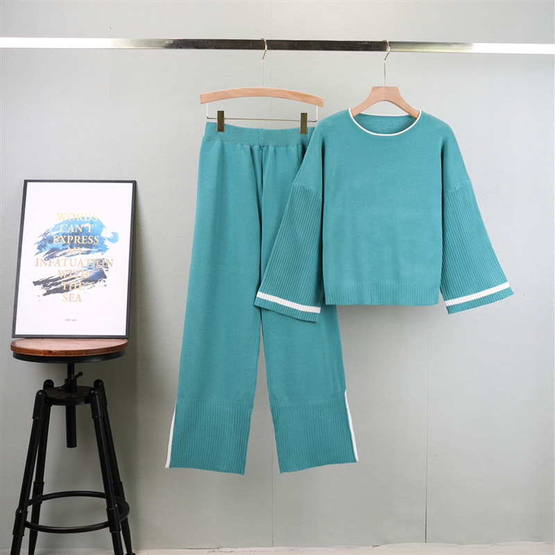 Casual Korean-Style Design Spring Loose-Sleeve Viscose Top &amp; Slit Wide-Leg Pants Anti-Wrinkle Two-Piece Set for Women