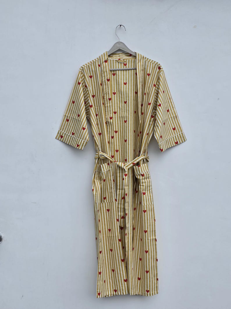 Block Print Handmade 100% Cotton Romantic Spring/Summer V-neck Full Length Kimono Robe Soft Quick Dry Beach Loungewear Women One
