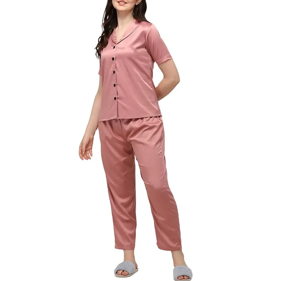 New Design Women's Satin Embroidered 1 Piece Nightwear Set Breathable Pajama Home Night Suit Multi Color Sleepwear