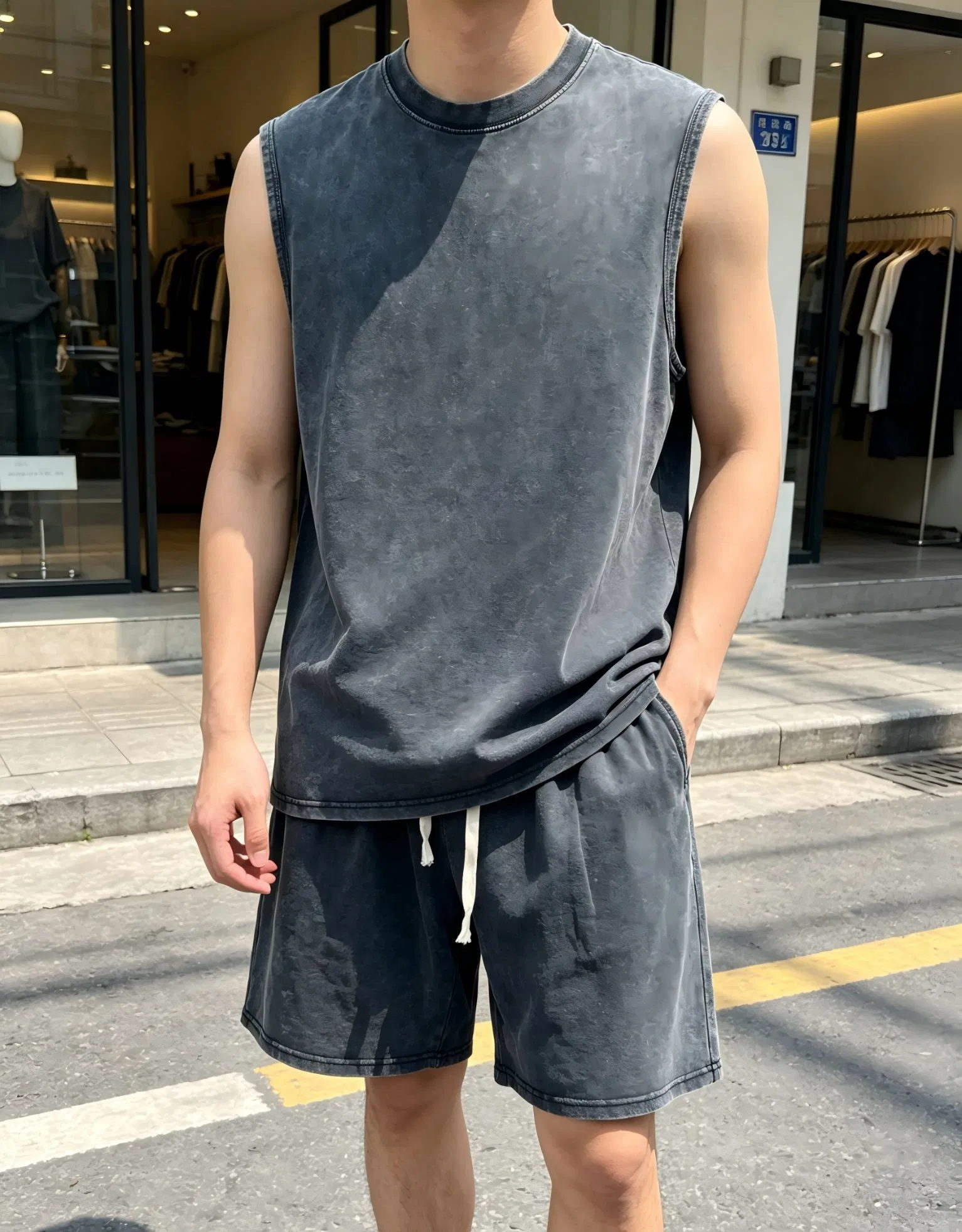 Custom Logo Acid Washed Vintage 2-Piece Set Distressed Heavyweight Blank Oversized 100% Cotton Streetwear Men Set Tracksuit