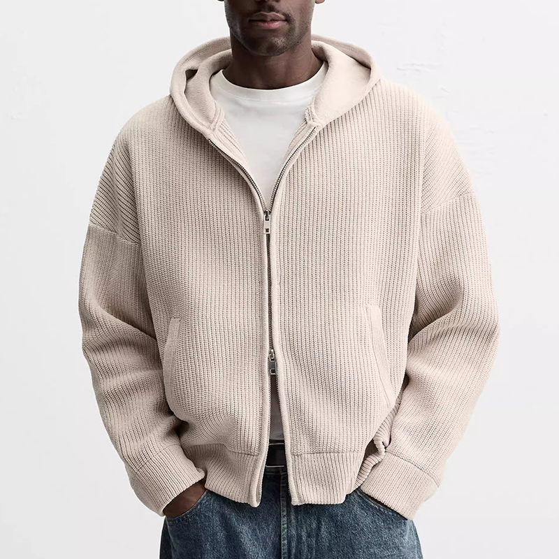 Simple Design Solid Color Drop Shoulder Long Sleeve Knitwear Zipper-up Closure Knit Hoodie Sweaters Cardigan For Men