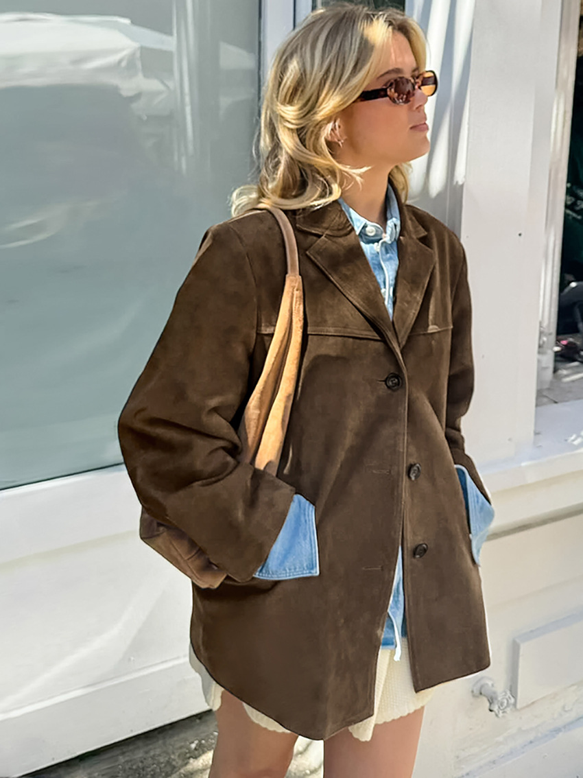 Trendy Brown Suede Leather Outerwear for Modern Fashion