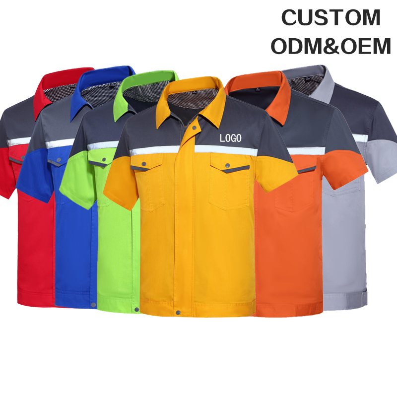 Custom Logo Men's Short Sleeve Workwear Shirt Durable CVC 60/40 Work Uniform Breathable Contrast Mechanical Shirt