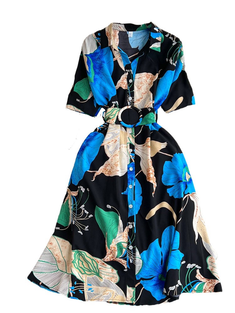 Summer Korean High-Grade Light Luxury Premium Short Sleeve Lapel and Waist Tight Slimming Single-Breasted Printed Casual Dress
