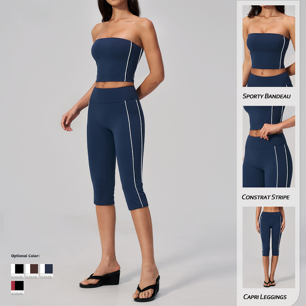 Athleisure Yoga Sets Contrast Side Stripe Bandeau Bra Street Style Outfit T-shirt Top Elastic Capri Straight Leggings Pants Kit