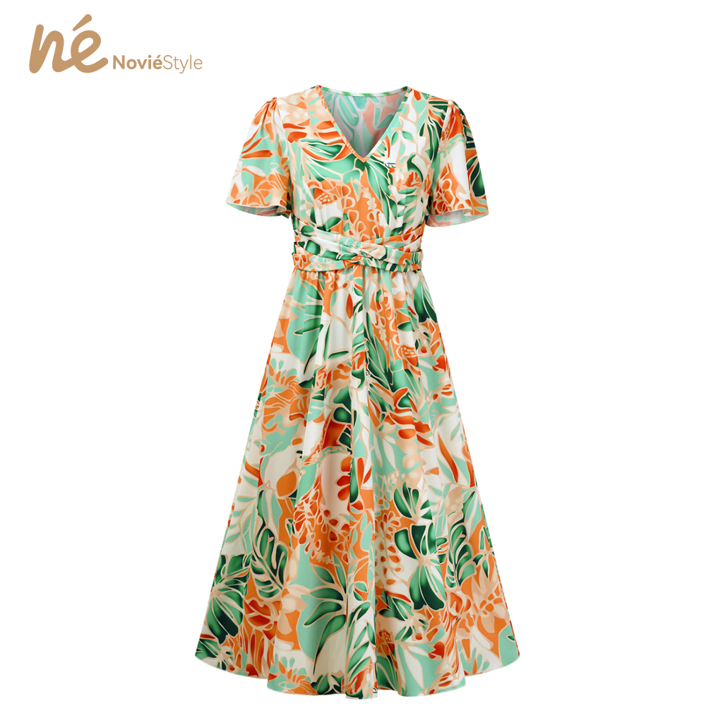 Summer Casual Breathable Eco-Friendly Washable Woven Worsted Waist Short Sleeve Floral Print A-Line Maxi Dress Hawaiian