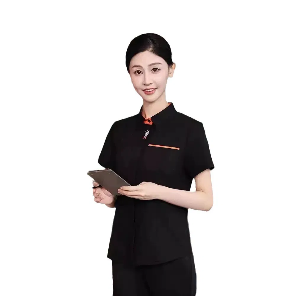 High Quality Customized Women's Short Sleeved Stand up Collar Button up Shirt, Suitable for Business and Restaurant Workwear
