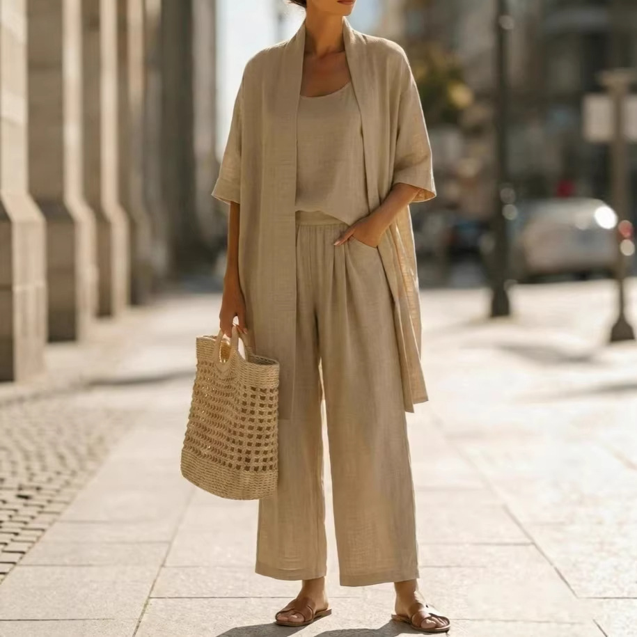 2026 Cross-Border Summer Three-Piece Set Europe America Strap-Style Cardigan Straight-Leg Pants Solid Color Casual Resort Wear