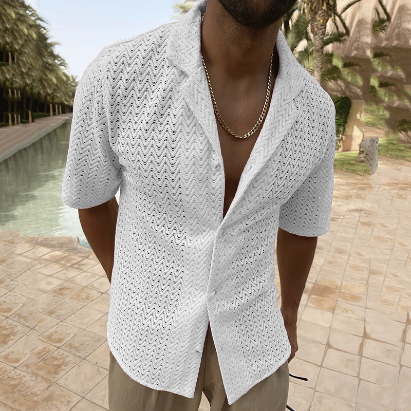 Shinesia Foil Print Breathable Mens Vacation Shirts Short Sleeves Custom Hollow Out Mesh Resort Shirt