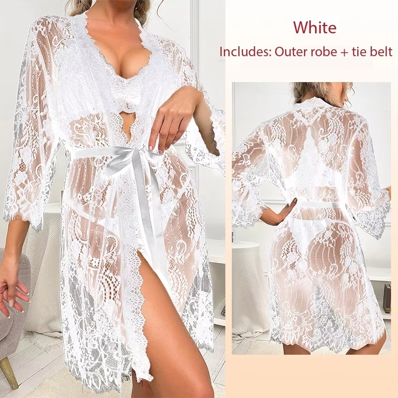 Women's Sexy Mesh Lace V-Neck Pajamas, Sheer Polyester Fabric, Plus Size, Charming