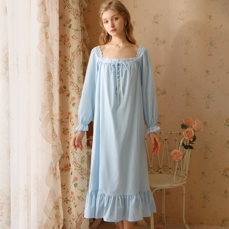 Women's Long Sleeve Maxi Nightgown Vintage French Sleep Dress Elegant Princess Nightwear Plus Size Lounge Wear Spring Autumn