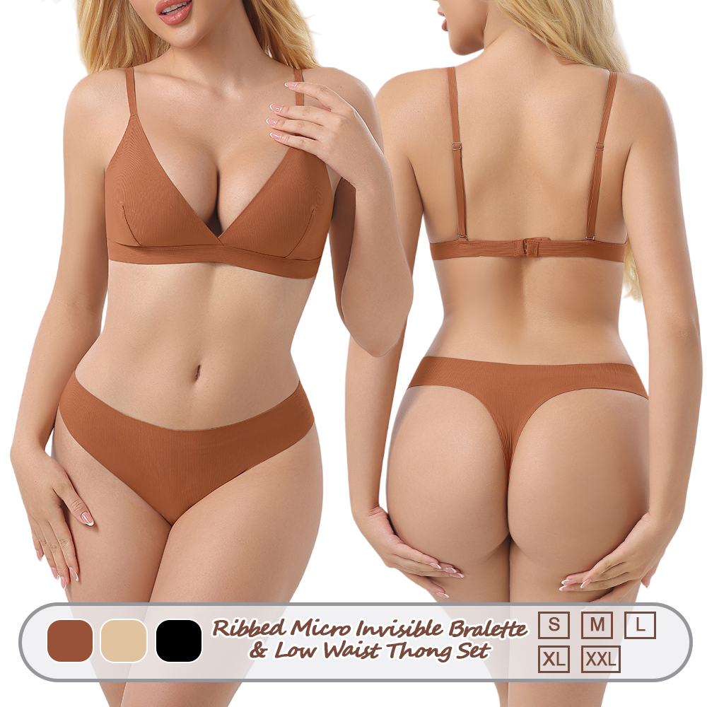 BR15 DD03 ODM Women's Invisible Wirefree Triangle Sexy Deep Plunge Soft Cup Back Closure Bralette Thong Underwear Set