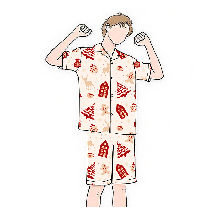100% Cotton Velour Pajamas Custom Christmas Santa &amp; Reindeer Print Breathable Men's Sleepwear Shorts Style