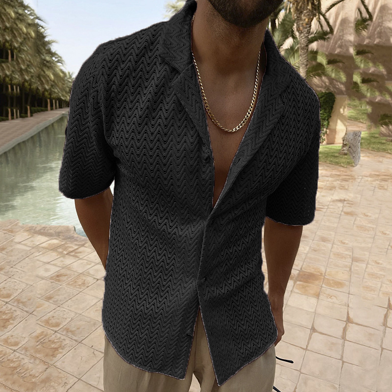 Shinesia Foil Print Breathable Mens Vacation Shirts Short Sleeves Custom Hollow Out Mesh Resort Shirt