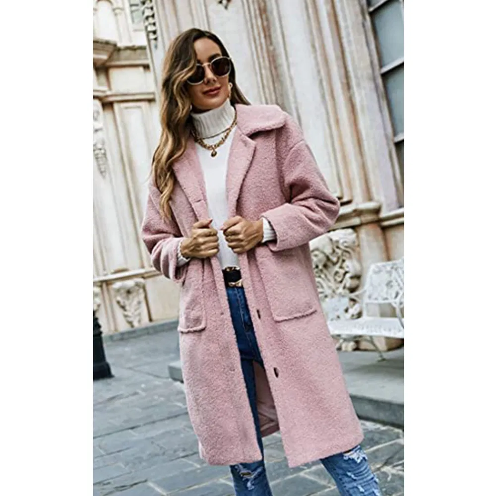 Factory Mamnufacturer Women's Fashion Winter Coats Fuzzy Fleece Long Hooded Jackets Button Down Faux Fur Warm Outerwear