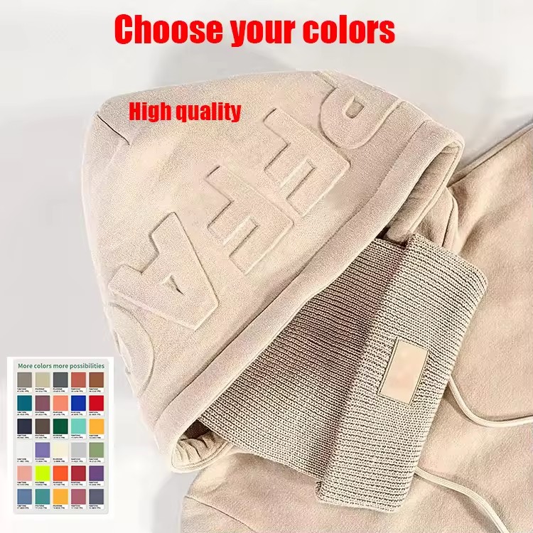 Custom Emboss Heavyweight High Quality Embossing Hoodies Pullover Hoodi Streetwear 100% Cotton Oversized Men 3D Embossed Hoodie