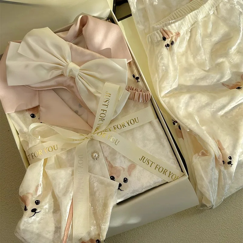 Cute Rabbit Golden Velvet Sleepwear Women's Autumn/Winter Long Sleeve Pants Sweet and Cute Warm Home Clothes Two Piece Set