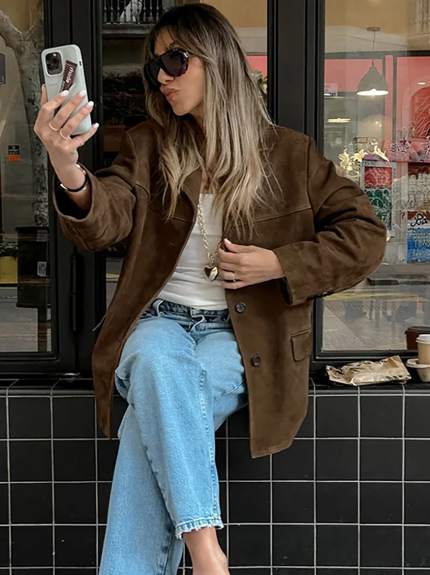 Trendy Brown Suede Leather Outerwear for Modern Fashion