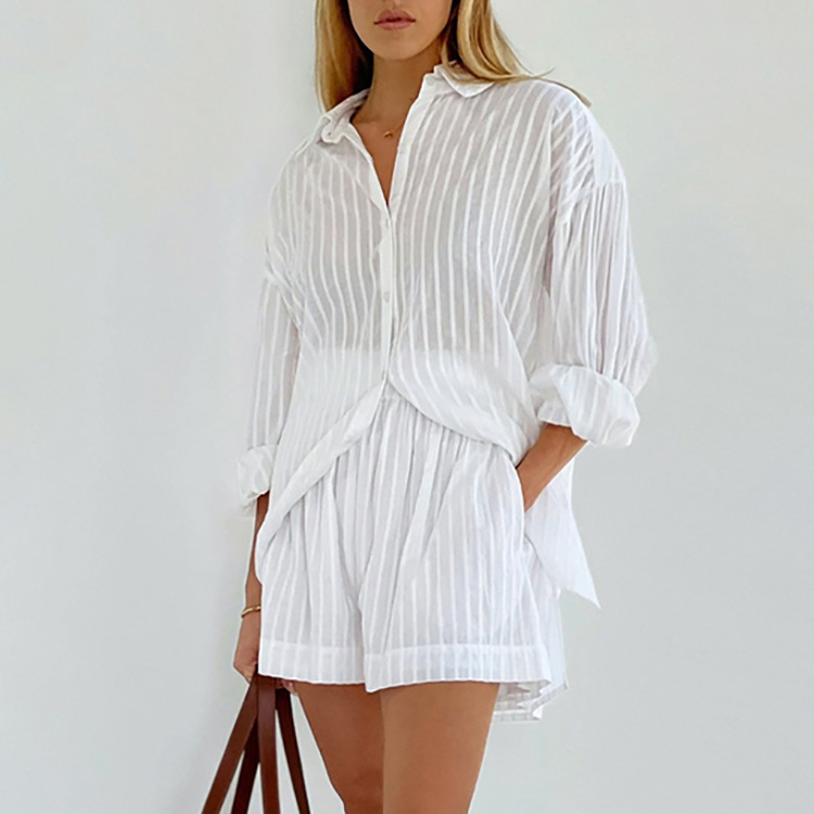 High Quality Women's Casual Outfits Fashion Loose Oversize 2 Piece Short Set Cotton Stripe Pajamas Elastic Waist For Lounge Use