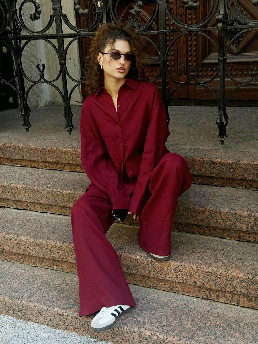 Custom Linen Cotton Women's Clothing 2 Piece Set Girl Long Sleeve Pant Set Casual Outfit Cotton Linen Women's Sets