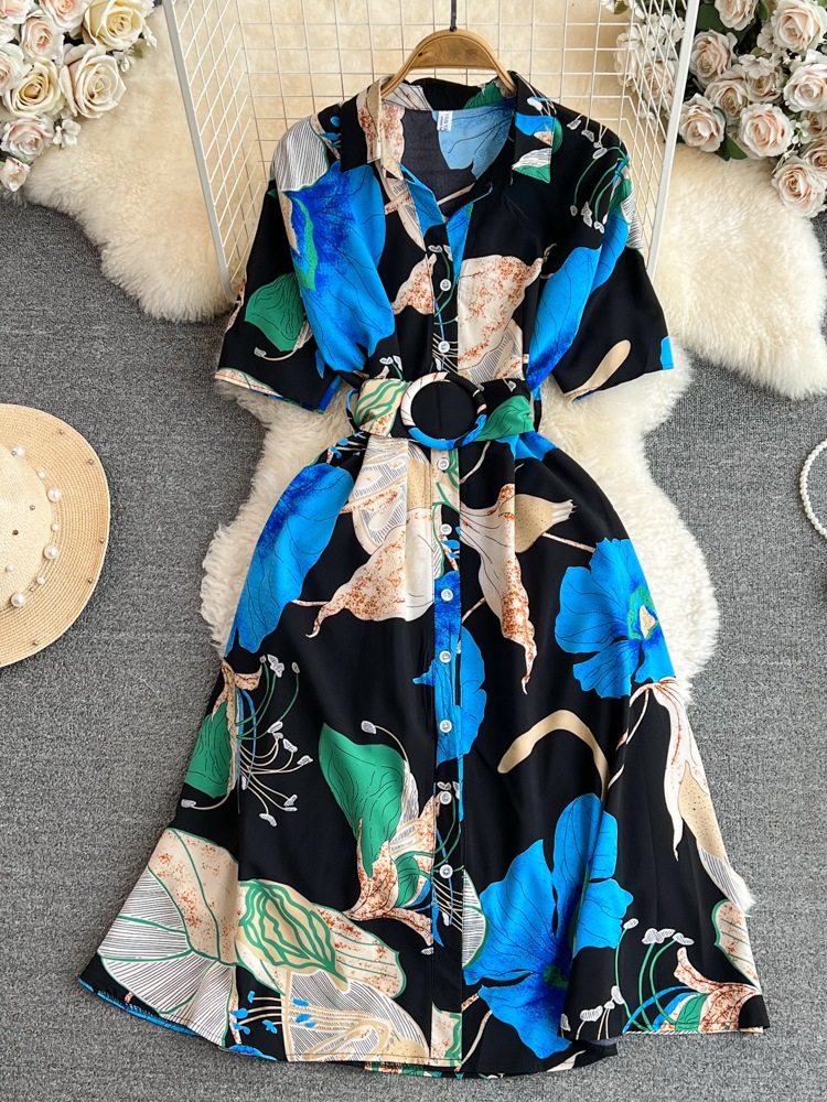 Summer Korean High-Grade Light Luxury Premium Short Sleeve Lapel and Waist Tight Slimming Single-Breasted Printed Casual Dress