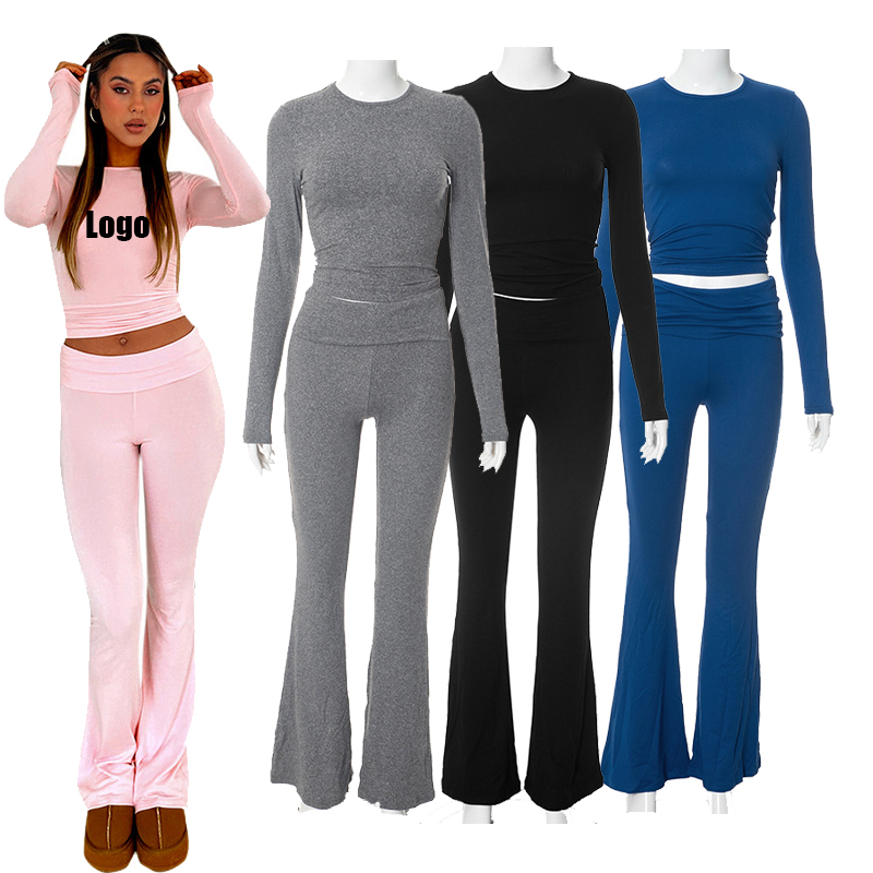 Casual Yoga Legging Family Matching Outfits Custom Elasticity Tracksuits Flare Pants Cotton Embroidery Lounge Wear Women Sets