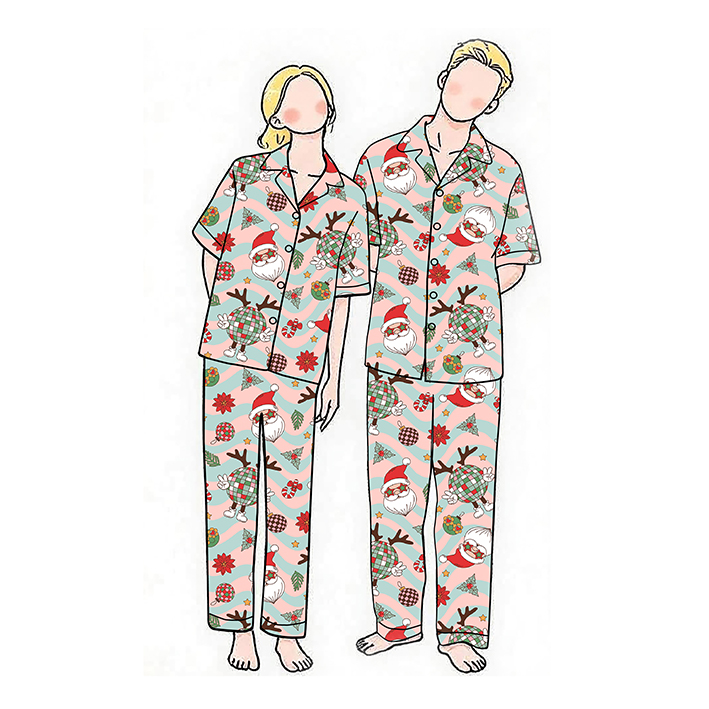 100% Cotton Velour Pajamas Custom Christmas Santa &amp; Reindeer Print Breathable Men's Sleepwear Shorts Style