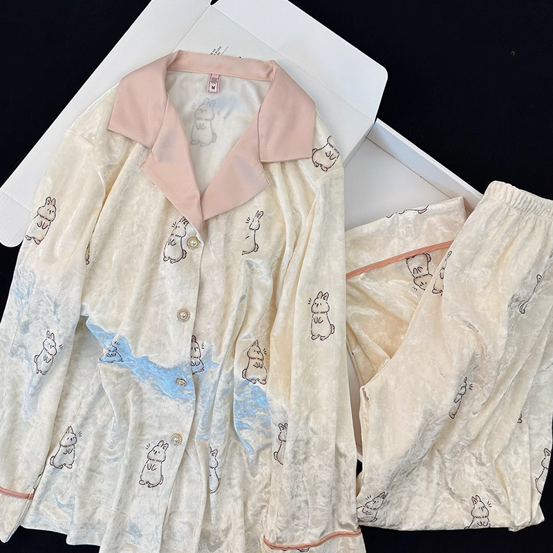 Cute Rabbit Golden Velvet Sleepwear Women's Autumn/Winter Long Sleeve Pants Sweet and Cute Warm Home Clothes Two Piece Set