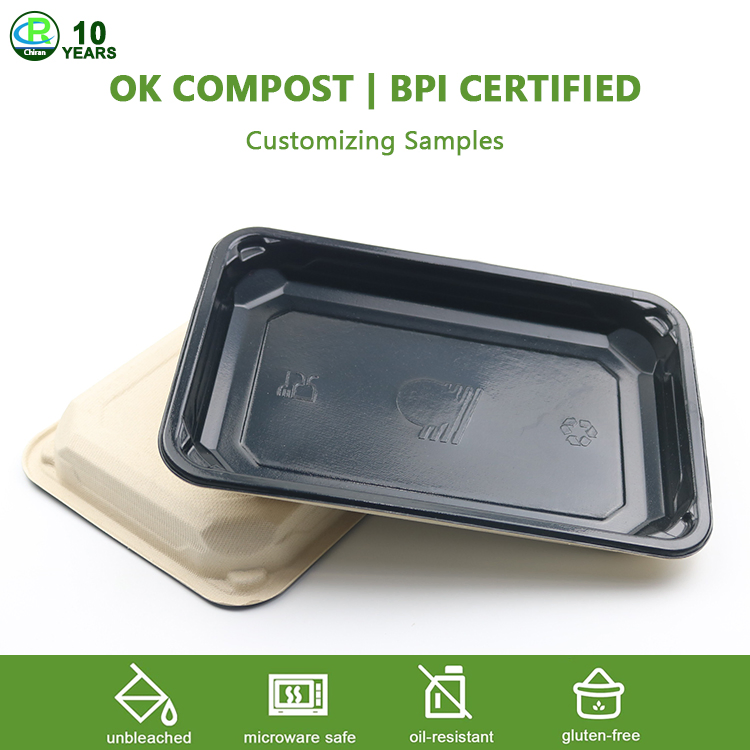 OEM Service Custom Bagasse Sugarcane Tray with PLA Pet Cpet Film Lined Laminated for Frozen Food Ready Meal Bagasse Tableware