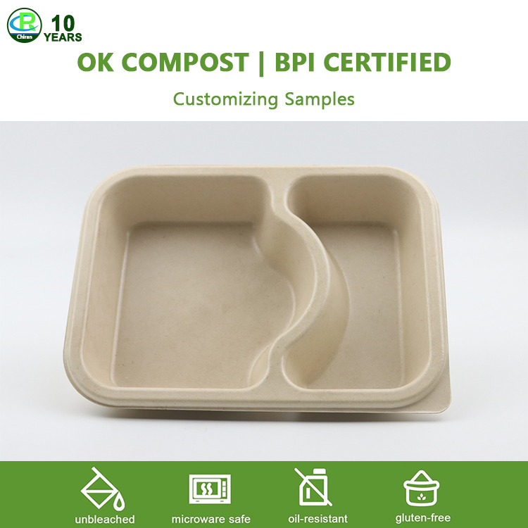 OEM Service Custom Bagasse Sugarcane Tray with PLA Pet Cpet Film Lined Laminated for Frozen Food Ready Meal Bagasse Tableware