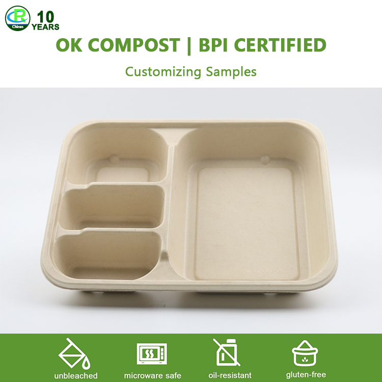 OEM Service Custom Bagasse Sugarcane Tray with PLA Pet Cpet Film Lined Laminated for Frozen Food Ready Meal Bagasse Tableware