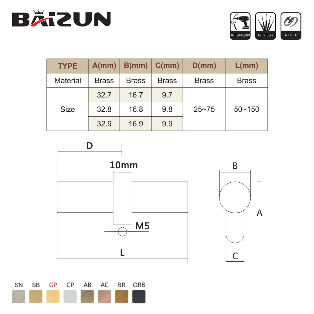 Wooden Door Window Interior Security Brass Keys Metal Lock Cylinder 40-160mm