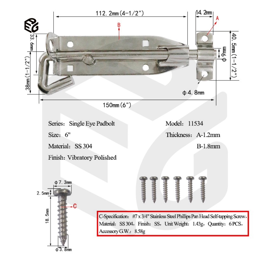 6" Stainless Steel Door Bolt for Fence &amp; Windows, Vibratory Polished Security Hardware