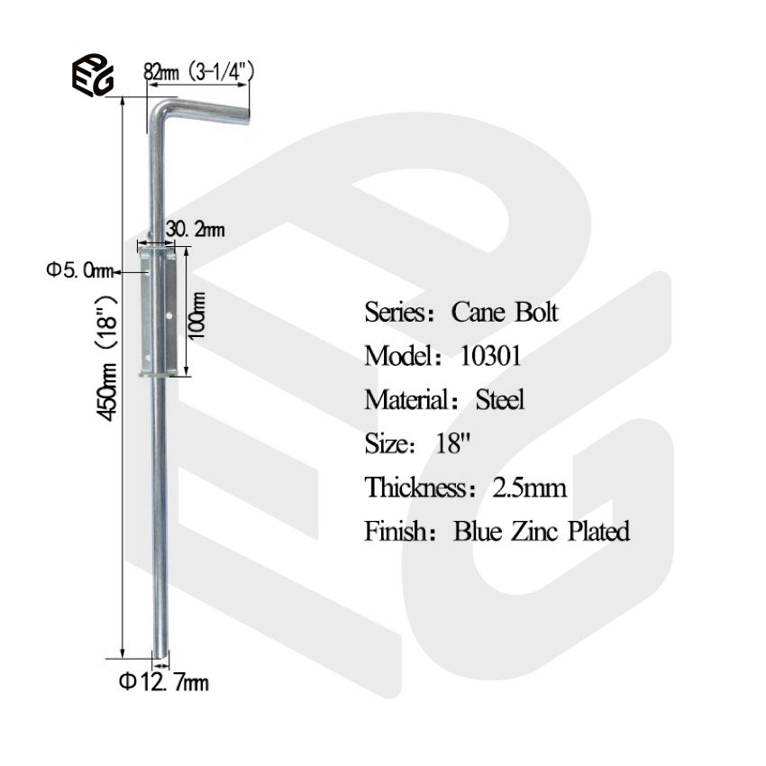 Heavy Duty Steel Cane Bolt for Sliding Doors &amp; Windows, 18" Blue Zinc Plated Security Bolt