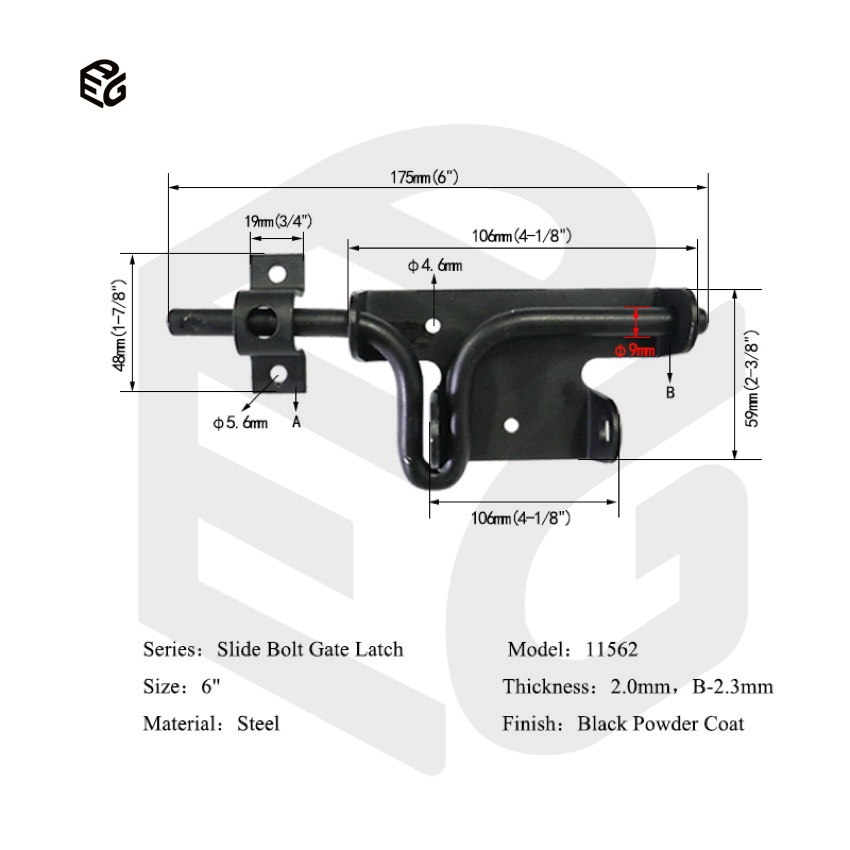 6" Slide Bolt Latch for Doors &amp; Windows, Black Powder Coated Steel Locking Mechanism