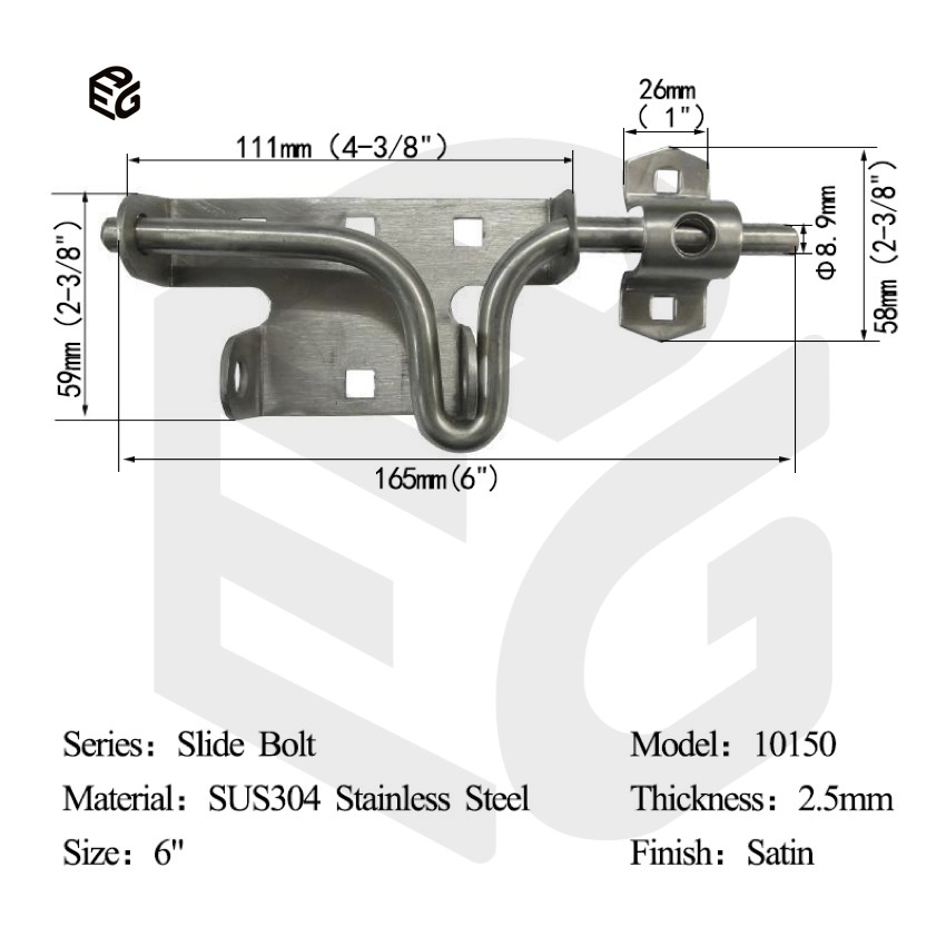 6" Slide Bolt Latch for Doors &amp; Windows, Black Powder Coated Steel Locking Mechanism
