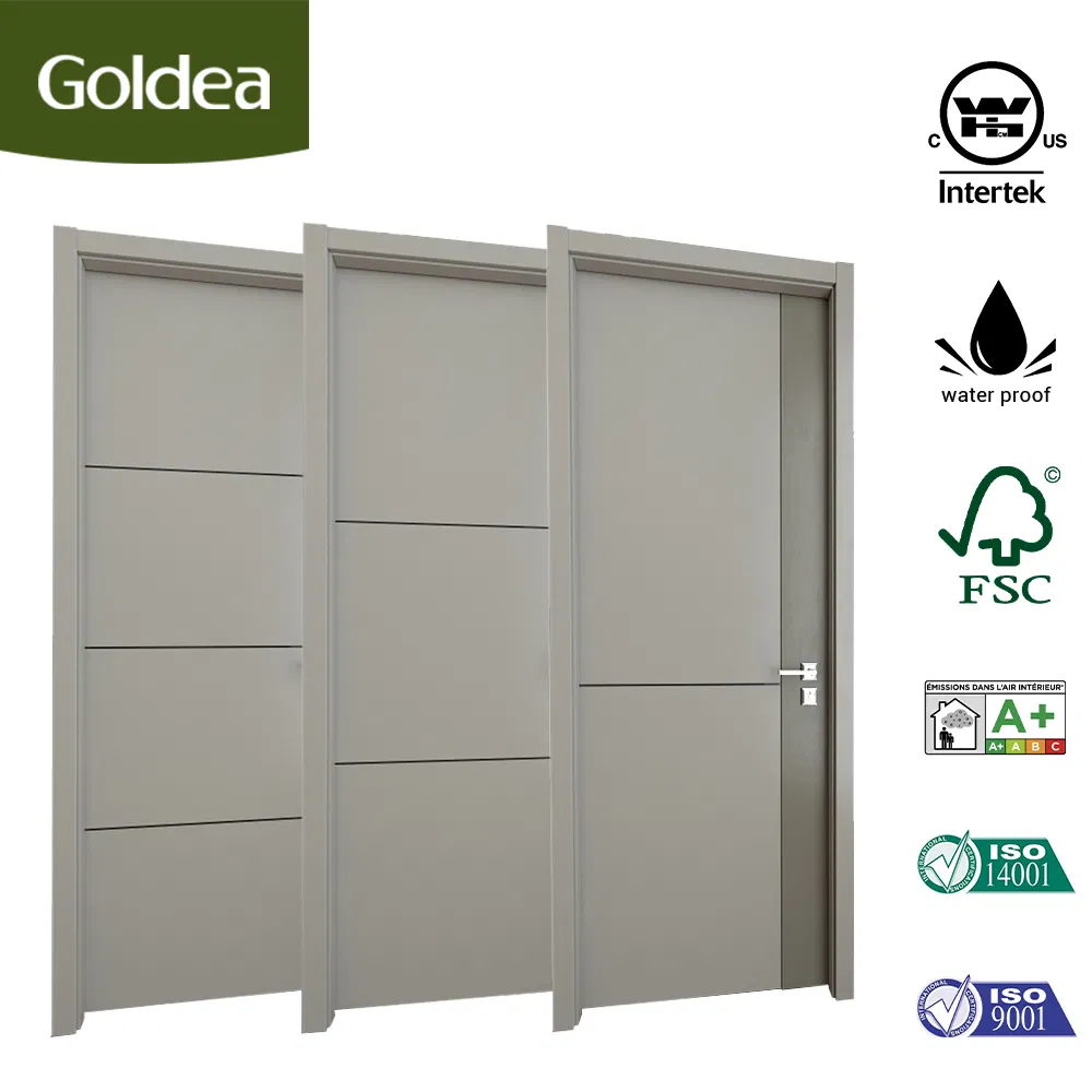 Goldea Wholesale 39 Years Factory Price Modern Style Room Home Furniture MDF PVC Timber Interior Wooden Door with Metal Strips Inlay Design