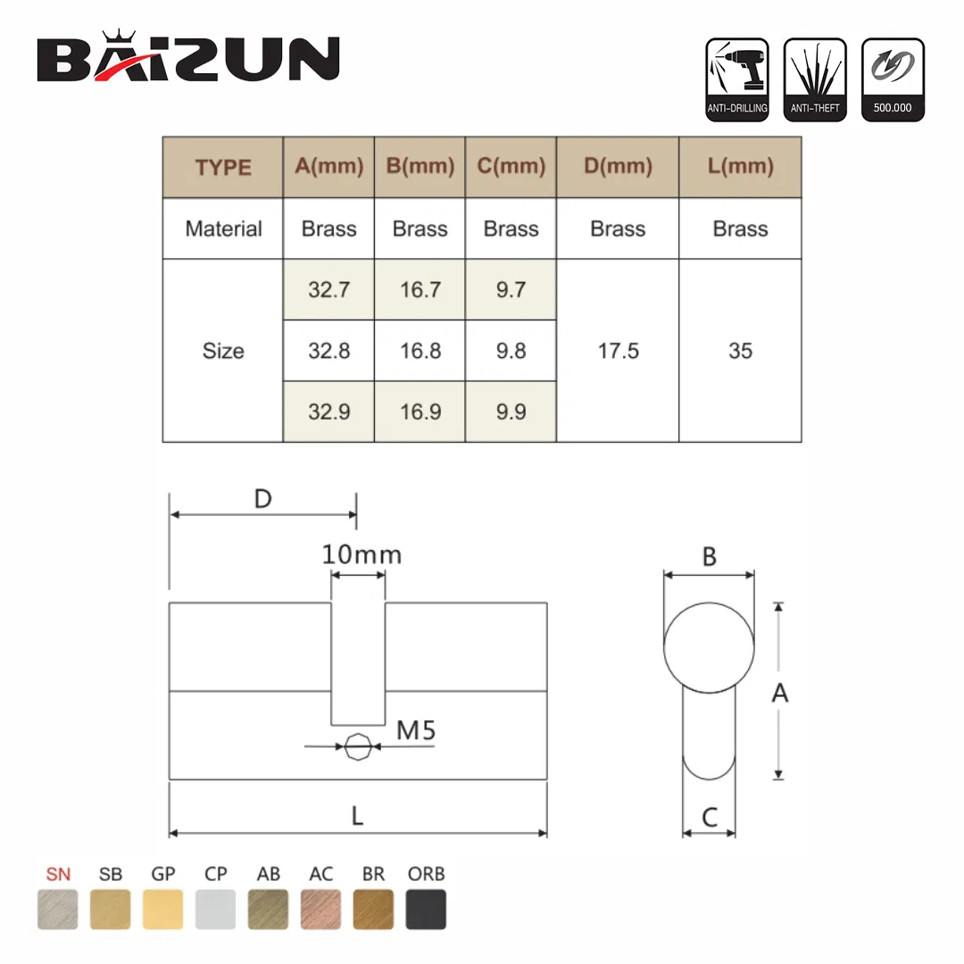Smooth Key Entry Door Window Brass Key Mortise Lock Cylinder with ISO9001 Certification