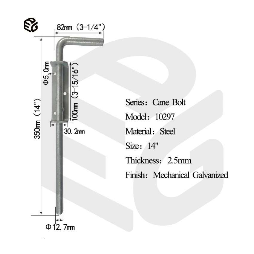 Heavy Duty Steel Cane Bolt for Sliding Doors &amp; Windows, 18" Blue Zinc Plated Security Bolt