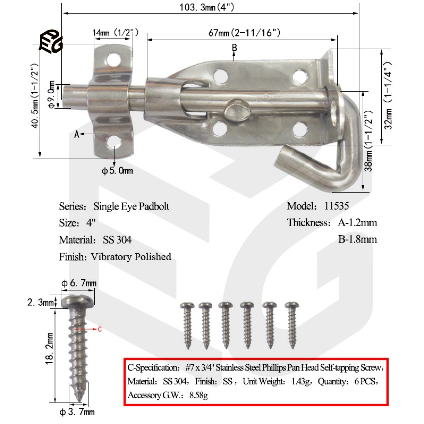 6" Stainless Steel Door Bolt for Fence &amp; Windows, Vibratory Polished Security Hardware