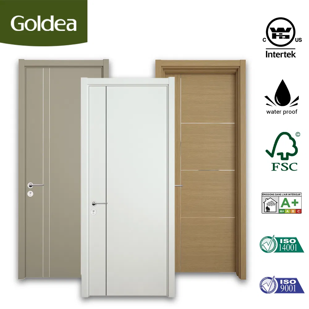 Goldea Wholesale 39 Years Factory Price Modern Style Room Home Furniture MDF PVC Timber Interior Wooden Door with Metal Strips Inlay Design