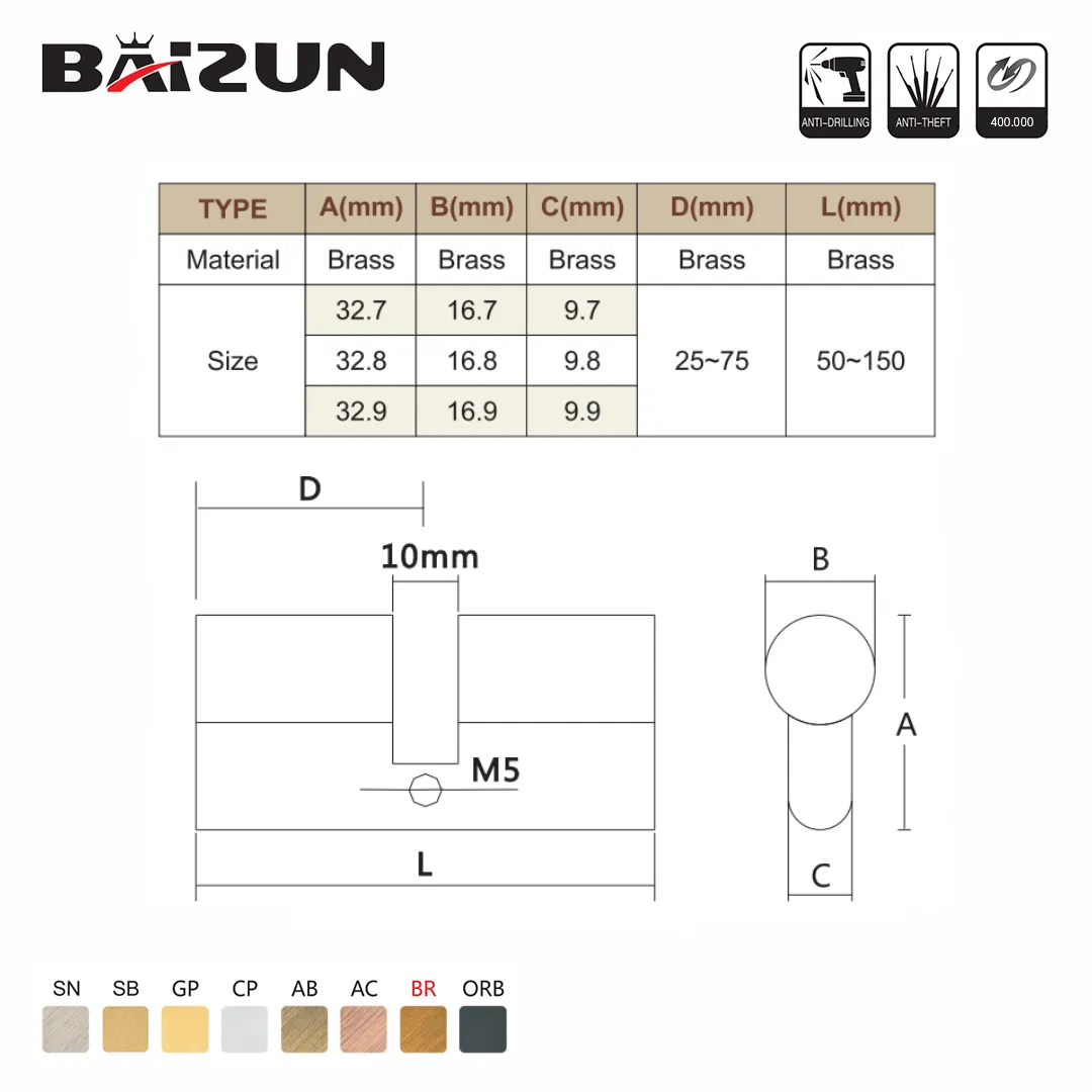Customized Color Single Row Pin Brass Double Door Lock Cylinder