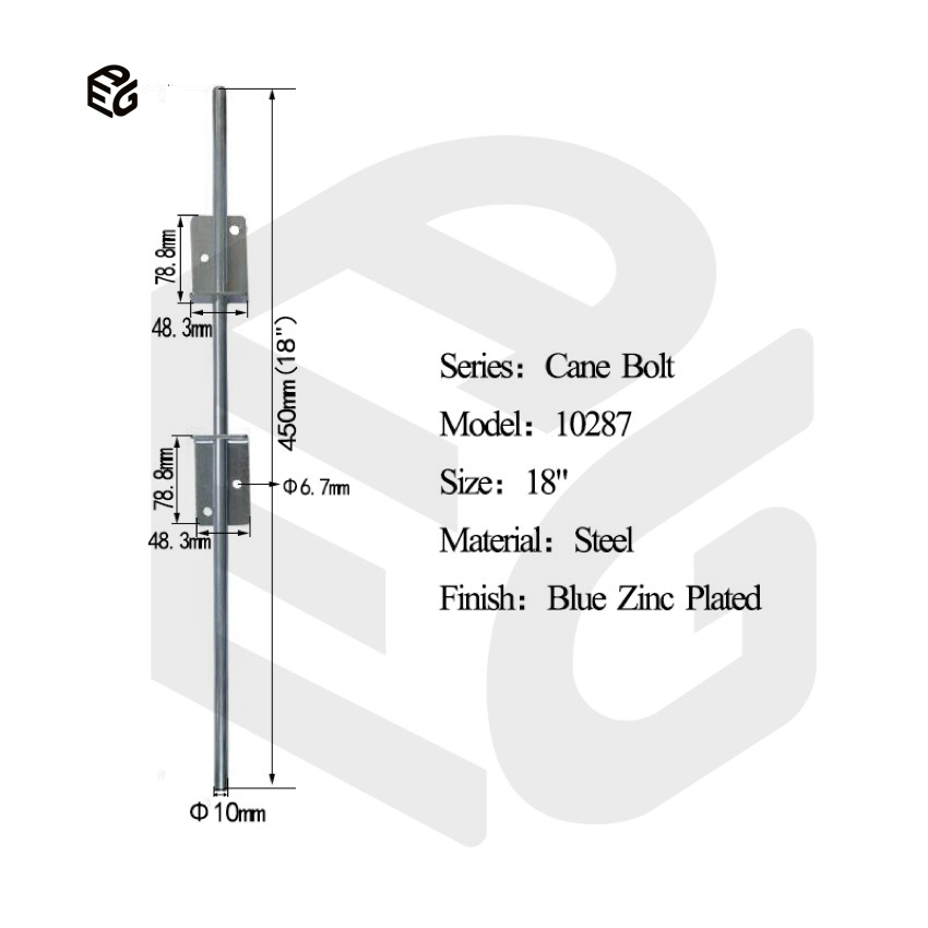Heavy Duty Steel Cane Bolt for Sliding Doors &amp; Windows, 18" Blue Zinc Plated Security Bolt